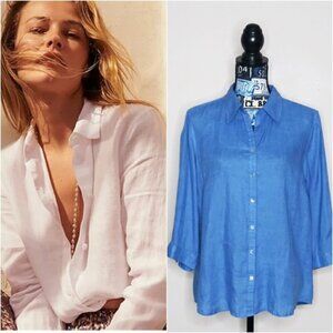 EDWARD 100% Irish Linen Button Up Shirt 3/4 Sleeves Collared Button Front Blue L